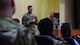 Chief Master Sgt. Chad Welch, 386th Air Expeditionary Wing command chief, speaks during an enlisted all-call, held June 12, 2018, at an undisclosed location in Southwest Asia. The command chief succeeded CMSgt. Timothy Pachasa and hails from Scott Air Force Base, Ill. (U.S. Air Force photo by Staff Sgt. Christopher Stoltz)