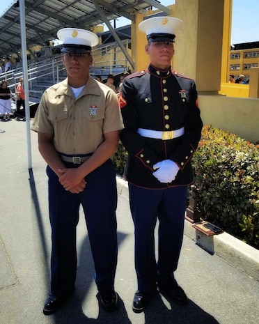 Twins Damien (left) and Daniel (right) Ramirez pose for a photo following their graduation from Marine Corps Recruit Depot San Diego 8 June, 2018. Before answering the call to service, both brothers earned a living as Mixed Martial Arts fighters. Daniel’s strong inclination toward leadership, along with his superior fitness, rifle qualifications and test scores, earned him the title of Company Honor Graduate and a meritorious promotion to the rank of lance corporal.