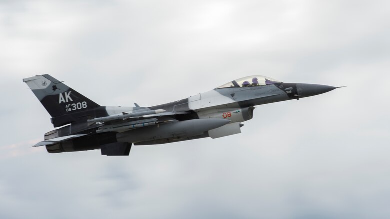 An F-16 Fighting Falcon belonging to the 18th Aggressor Squadron from Eielson Air Force Base, Alaska takes off as part of Red Flag Alaska, June 11, 2018. Red Flag Alaska is a simulated combat scenario comprised of multi-national forces. (U.S. Air National Guard photo by Airman 1st Class Mercedee Schwartz)