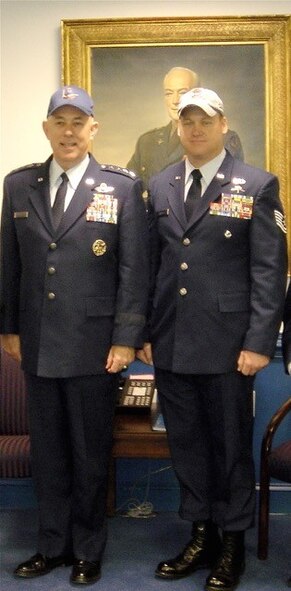Tech. Sgt. Bradley Reilly, combat controller, stands with Air Force Chief of Staff Gen. T. Michael Moseley in 2006. (Courtesy photo)