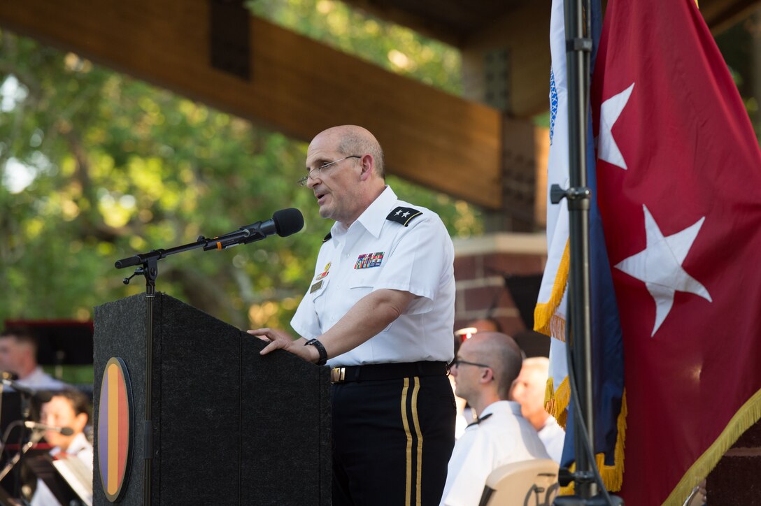 U.S. Army Maj. Gen. Paul M. Benenati, U.S. Army Training and Doctrine Command deputy chief of staff, gives remarks during the TRADOC Band’s Music Under the Stars concert in honor of the Army’s 243rd Birthday at Joint Base Langley-Eustis, Va., June 15, 2018.