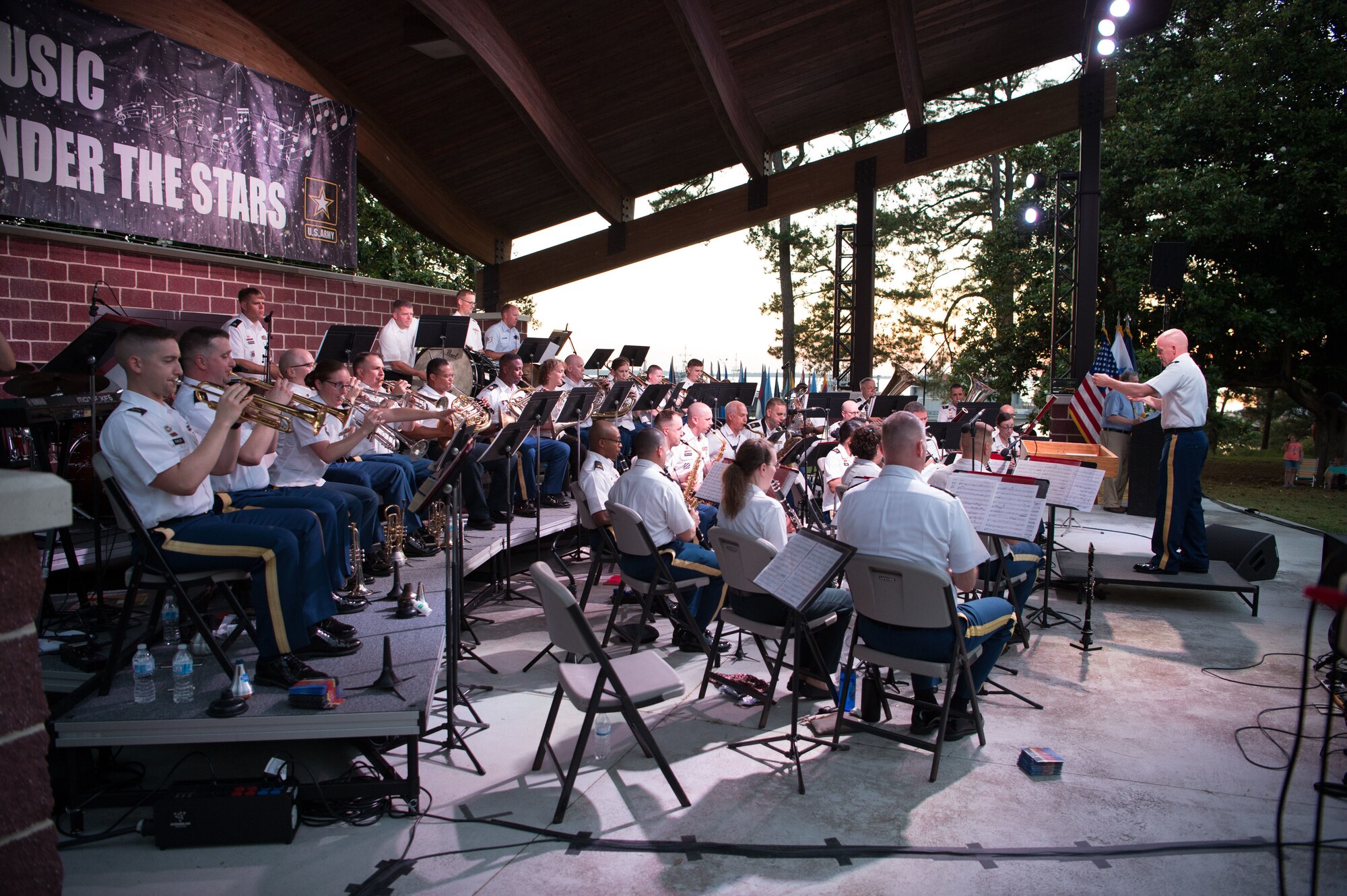 The U.S. Army Training and Doctrine Command Band performs during their Music Under the Stars concert in honor of the Army’s 243rd Birthday at Joint Base Langley-Eustis, Va., June 15, 2018. T