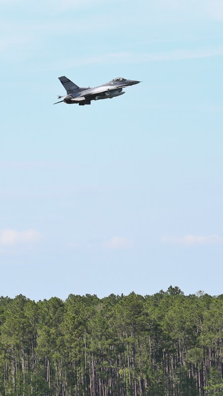 An F-16 Fighting Falcon conducts air-to-ground training at Townsend Bombing Range, Georgia June 12. Aircraft around the Department of Defense regularly use the range to rehearse strafing and dropping inert munitions. The aircraft is with 157th Fighter Squadron, 169th Fighter Wing based out of McEntire Joint National Guard Base, Georgia.