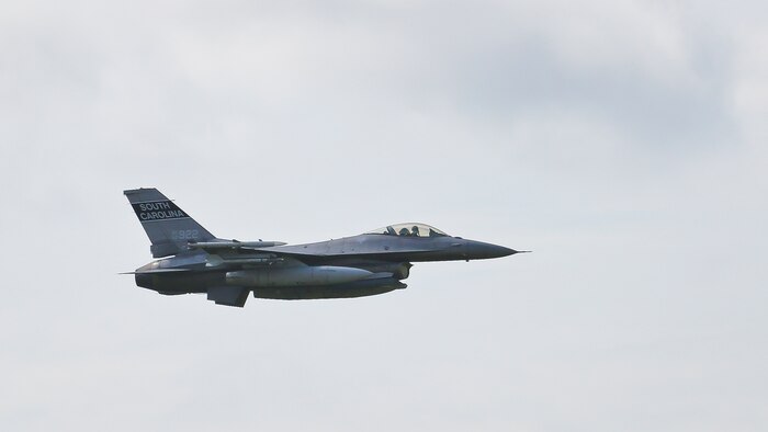 An F-16 Fighting Falcon conducts air-to-ground training at Townsend Bombing Range, Georgia June 12. Aircraft around the Department of Defense regularly use the range to rehearse strafing and dropping inert munitions. The aircraft is with 157th Fighter Squadron, 169th Fighter Wing based out of McEntire Joint National Guard Base, Georgia.