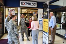 U.S. Air Force Chief Master Sgt. Luis Reyes, the Army & Air Force Exchange Service’s senior enlisted advisor, meets with several Goodfellow personal and AAFES members outside of the Express minimart on Goodfellow Air Force Base, Texas, June 14, 2018. Reyes visited the base to learn more about Goodfellow’s AAFES stores and restaurants. (U.S. Air Force photo by Staff Sgt. Joshua Edwards/Released)