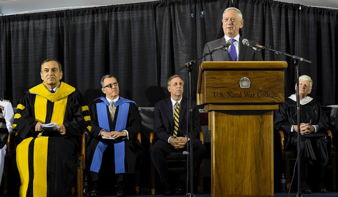 Defense Secretary James N. Mattis addresses U.S. Naval War College class of 2018 graduates during a commencement ceremony in Newport, R.I.