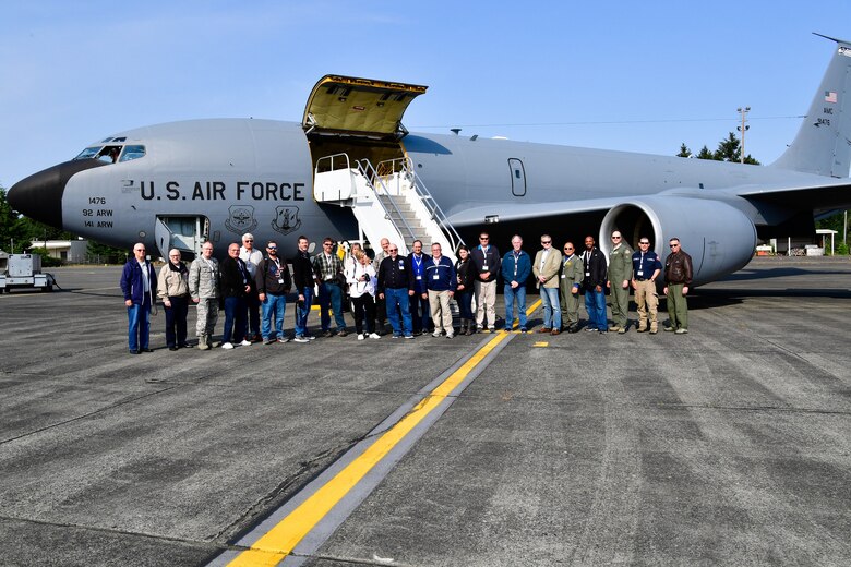 As part of the Employer Support of the Guard and Reserve (ESGR) Bosslift program, the Washington Air National Guard's 141st Air Refueling Wing flew civilian employers on KC-135s where they witnessed F-15s from the 142nd Fighter Wing, Oregon Air National Guard, being refueled June 6, 2018. (U.S. Air National Guard photo by Capt. Colette Muller)