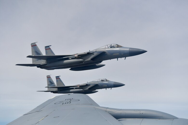 As part of the Employer Support of the Guard and Reserve (ESGR) Bosslift program, the Washington Air National Guard's 141st Air Refueling Wing flew civilian employers on KC-135s where they witnessed F-15s from the 142nd Fighter Wing, Oregon Air National Guard, be refueled June 6, 2018. (U.S. Air National Guard photo by Capt. Colette Muller)