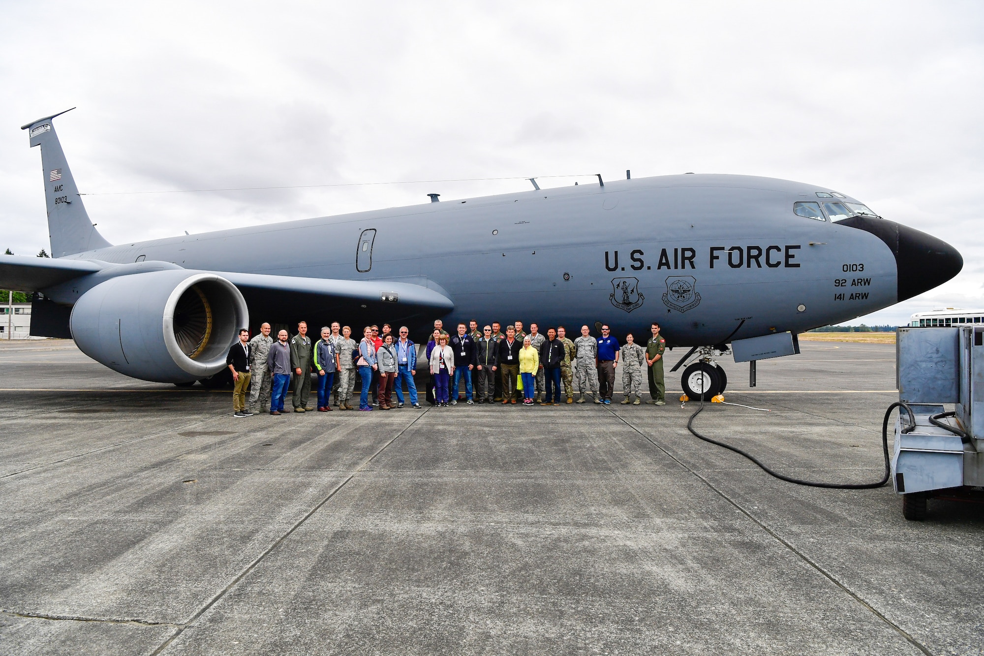 As part of the Employer Support of the Guard and Reserve (ESGR) Bosslift program, the Washington Air National Guard's 141st Air Refueling Wing flew civilian employers on KC-135s where they witnessed F-15s from the 142nd Fighter Wing, Oregon Air National Guard, being refueled June 7, 2018. (U.S. Air National Guard photo by Capt. Colette Muller)