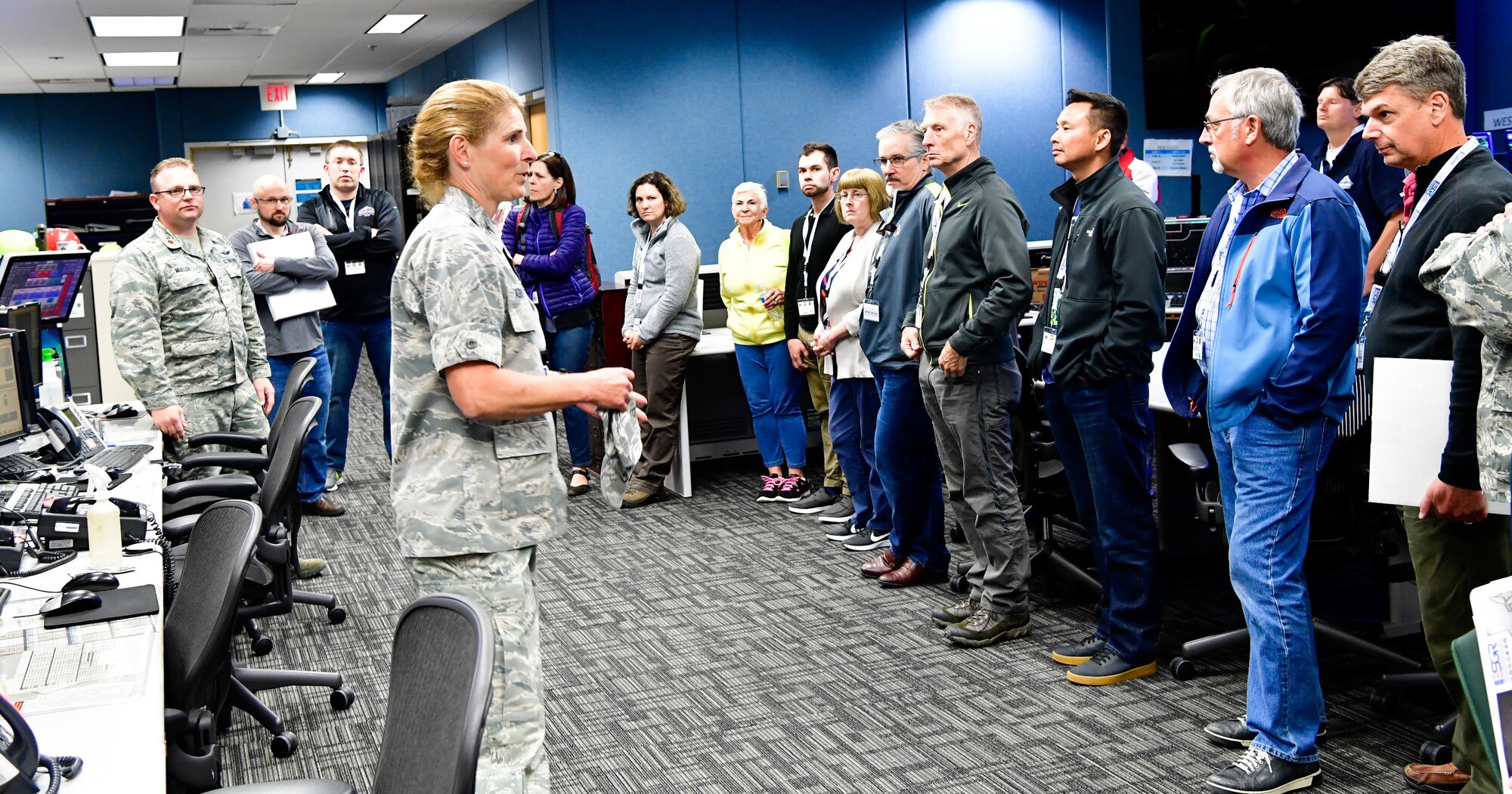 As part of the Employer Support of the Guard and Reserve (ESGR) Bosslift program, civilian employers tour the operations floor of the Western Air Defense Sector June 7, 2018.  Col. Paige Abbott, 225th Support Squadron commander, discusses how the WADS guards America's skies 24/7.  (U.S. Air National Guard photo by Capt. Colette Muller)
