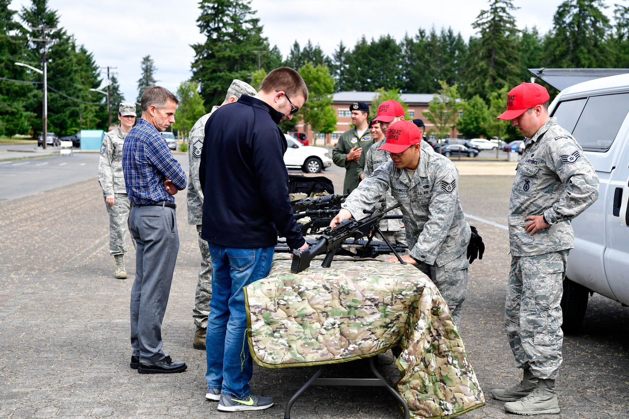 As part of the Employer Support of the Guard and Reserve (ESGR) Bosslift program, civilian employers  interact with the 627th Air Base Combat Arms Training and Maintenance personnel (CATM) June 7, 2018.  (U.S. Air National Guard photo by Capt. Colette Muller)