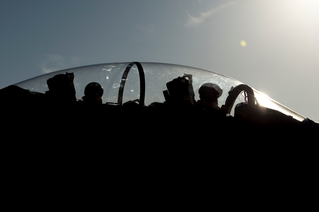 An image of 1st Lt. Ileana Pinero, 391st Fighter Squadron weapons systems officer, and Capt. Jesse Loya, 391st Fighter Squadron pilot, prepare to taxi an F-15E Strike Eagle during Green Flag West, June 13, 2018, at Nellis Air Force Base, Nevada. The 391st FS participated in Green Flag to further enhance readiness by training on Close Air Support over the National Training Center, Fort Irwin, California. (U.S. Air Force Photo by Airman 1st Class JaNae Capuno)