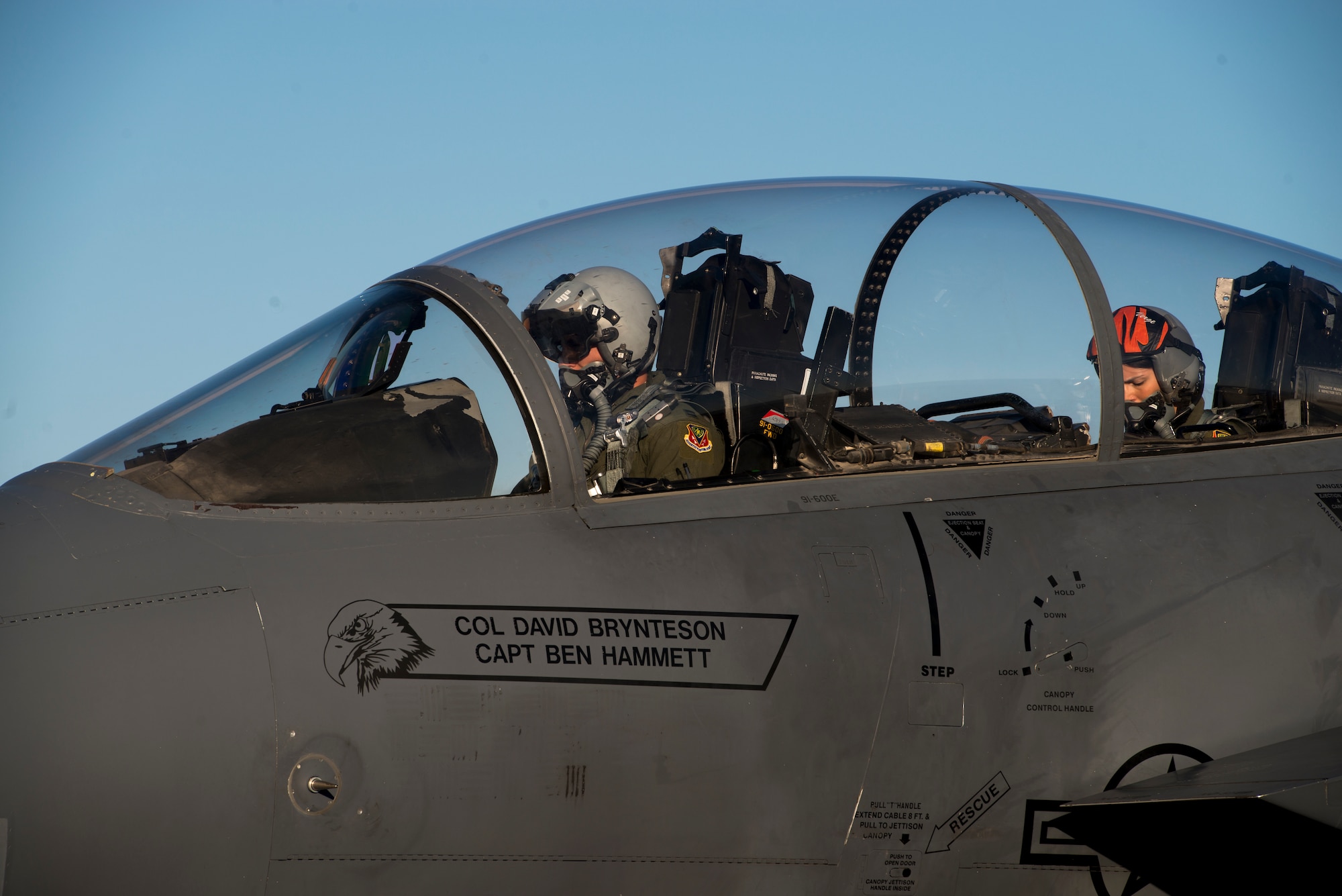 Image of Capt. Jesse Loya, 391st Fighter Squadron pilot, starts up an F-15E Strike Eagle during Green Flag West, June 13, 2018, at Nellis Air Force Base, Nevada. The 391st FS participated in Green Flag to further enhance readiness by training on Close Air Support over the National Training Center, Fort Irwin, California. (U.S. Air Force Photo by Airman 1st Class JaNae Capuno)