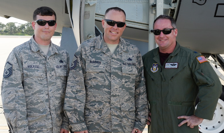 (Left to Right) Master Sgt. Nate Violette, superintendent of the 6th Aircraft Maintenance Squadron (AMXS), Master Sgt. Kevin McGrath, superintendent of the 927th AMXS, and Lt. Col. Dean Rancourt, aircraft commander and evaluator pilot assigned to the 63rd Air Refueling Squadron, pause for a photo at MacDill Air Force Base, Fla., June 14, 2018. As the first leg of the mission, ground crews from the 6th AMW and aircrews from the 927th ARW collaborated to ensure the rapid refueling of a B-52 Stratofortress from the 96th Bomb Squadron during a WWI commemoration flight. (U.S. Air Force photo by Staff Sgt. Vernon L. Fowler Jr.)
