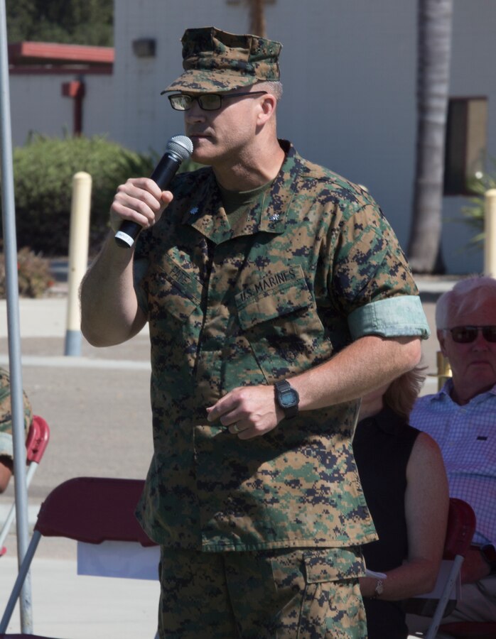 Lt. Col. Brian C. Pate, commanding officer of Marine Wing Communications Squadron (MWCS) 48 speaks to Marines and guests during his change of command ceremony at Marine Corps Air Station Miramar, Calif., June 13. Pate assumed command of MWCS-48 from Lt. Col. Michael E. Sheridan, who received a Meritorious Service Medal for his time with MWCS-48. (U.S. Marine Corps photo by Cpl. Becky Cleveland/Released)