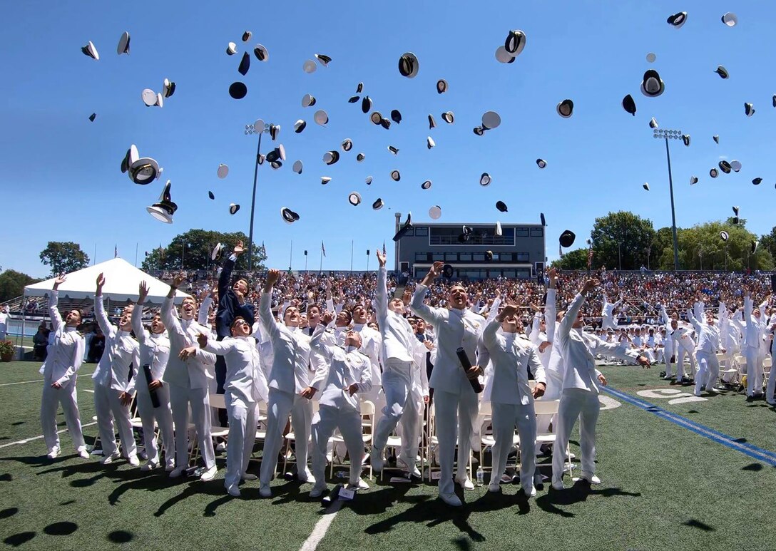 Graduates of the U.S. Merchant Marine Academy’s class of 2018 celebrate at Kings Point, New York, June 16, 2018. Defense Secretary James N. Mattis, the commencement speaker, reminded the incoming Merchant Marine officers to remember the lessons learned at the academy, especially when facing obstacles in the often dangerous and challenging maritime transport industry. U.S. Merchant Marine Academy Alumni photo.
