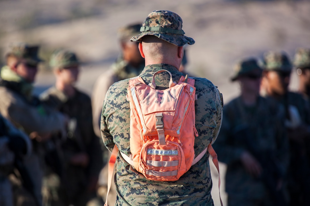 A Coyote Trainer with Tactical Training Exercise Control Group, Marine Air Ground Task Force Training Command, briefs Marines with Alpha Company, 4th Combat Engineer Battalion, 4th Marine Division, before an obstacle clearing practical application, during Integrated Training Exercise 4-18, aboard MCAGCC Twentynine Palms, California, June 12, 2018. The OCD training was conducted to prepare Marines for the execution of a live-fire combined arms breach in which mechanized units will detonate a 1,000 pound mine clearing charge.