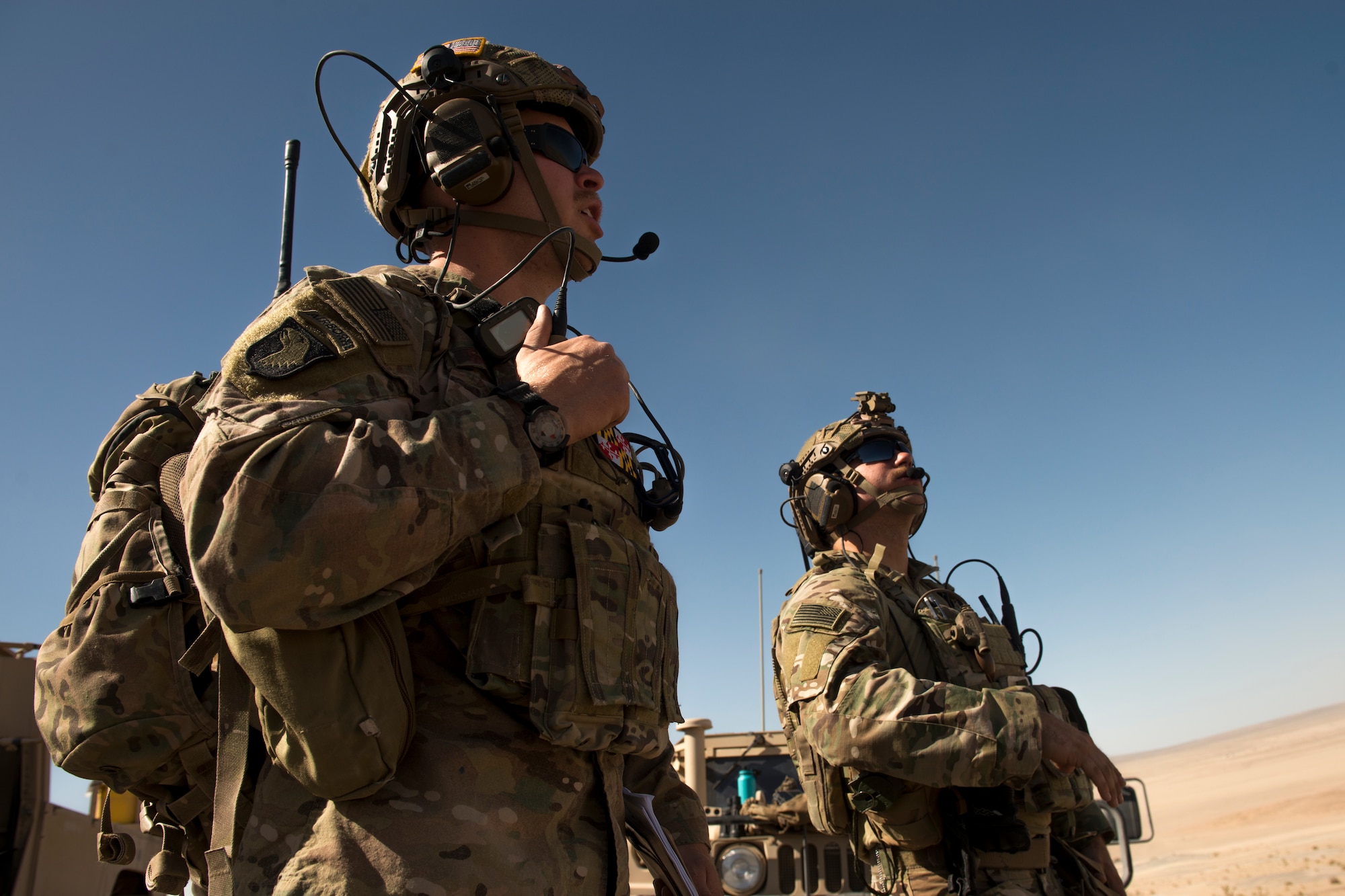 Staff Sgt. Edward Stewart and Senior Airman Maxwell Menard, 19th Air Support Operations Squadron joint terminal attack controllers, call in 391st Fighter Squadron F-15E Strike Eagles during Green Flag West, June 12, 2018, at the National Training Center, Ft. Irwin, California. The NTC replicates the tough, realistic operational environment that America’s war fighters face in combat. (U.S. Air Force photo by Airman 1st Class JaNae Capuno)
