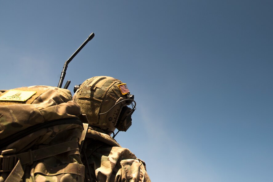 Staff Sgt. Edward Stewart, 19th Air Support Operations Squadron, watches the skies during Green Flag West, June 12, 2018, at the National Training Center, Ft. Irwin, California. The NTC replicates the tough, realistic operational environment that America’s war fighters face in combat. (U.S. Air Force photo by Airman 1st Class JaNae Capuno)