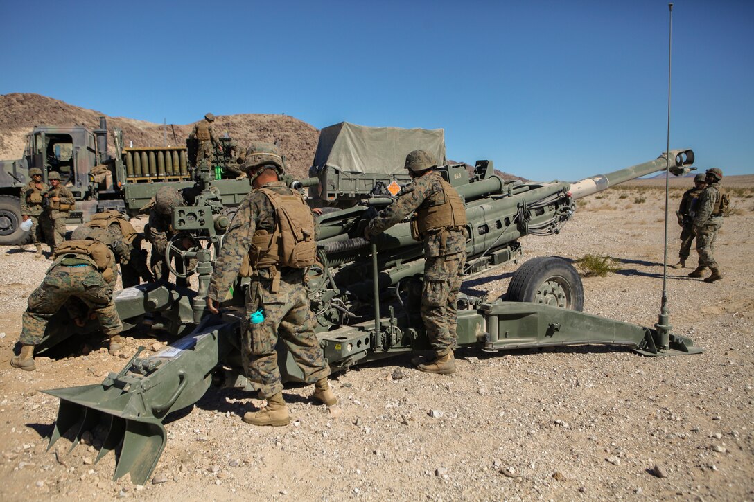 Marines with Mike Battery, 3rd Battalion, 14th Marine Regiment, 4th Marine Division, conduct dry fire drills in preparation for their direct fire shoot during Integrated Training Exercise 4-18. ITX 4-18 is a live-fire and maneuver combined arms exercise designed to train battalion and squadron-sized units in tactics, techniques, and procedures required to provide a sustainable and ready operational reserve for employment across the full spectrum of crisis and global employment.