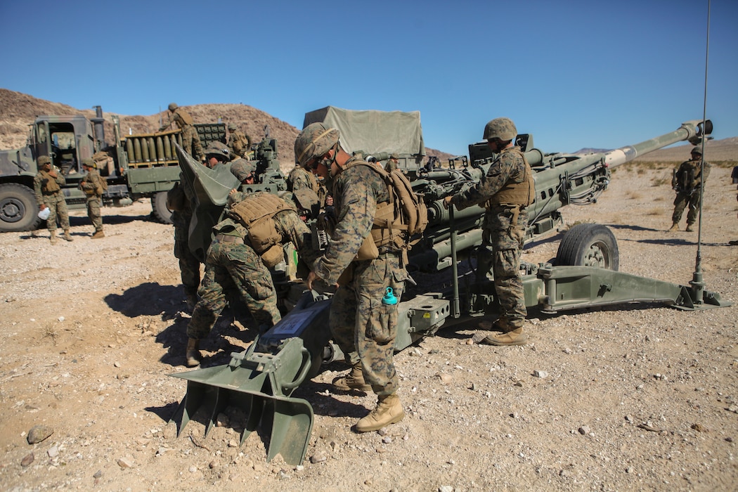 Marines with Mike Battery, 3rd Battalion, 14th Marine Regiment, 4th Marine Division, conduct dry fire rehearsals in preparation for a direct fire shoot during Integrated Training Exercise 4-18 in Twentynine Palms, California, June 13, 2018. ITX 4-18 is a live-fire and maneuver combined arms exercise designed to train battalion and squadron-sized units in tactics, techniques, and procedures required to provide a sustainable and ready operational reserve for employment across the full spectrum of crisis and global employment.