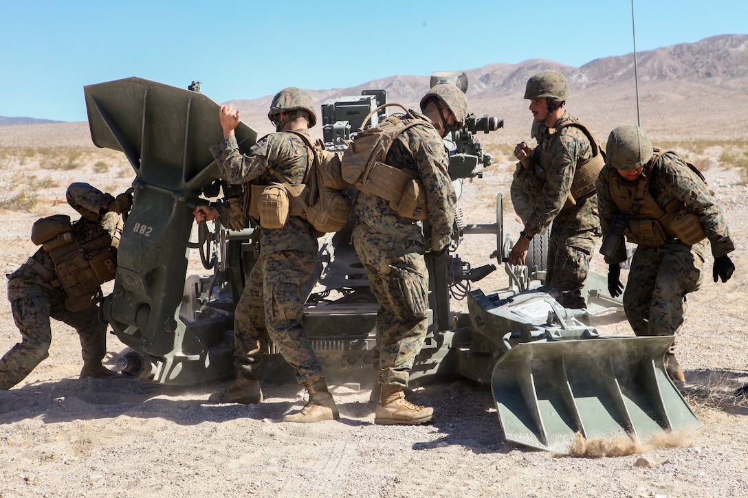 Marines with Mike Battery, 3rd Battalion, 14th Marine Regiment, 4th Marine Division, emplace an M777 Lightweight 155mm howitzer for a direct fire shoot during Integrated Training Exercise 4-18 in Twentynine Palms, California, June 13, 2018. ITX 4-18 is a live-fire and maneuver combined arms exercise designed to train battalion and squadron-sized units in tactics, techniques, and procedures required to provide a sustainable and ready operational reserve for employment across the full spectrum of crisis and global employment.