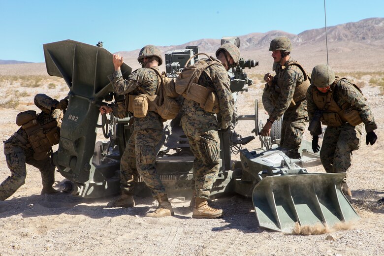 Marines with Mike Battery, 3rd Battalion, 14th Marine Regiment, 4th Marine Division, emplace an M777 Lightweight 155mm howitzer for a direct fire shoot during Integrated Training Exercise 4-18 in Twentynine Palms, California, June 13, 2018. ITX 4-18 is a live-fire and maneuver combined arms exercise designed to train battalion and squadron-sized units in tactics, techniques, and procedures required to provide a sustainable and ready operational reserve for employment across the full spectrum of crisis and global employment.