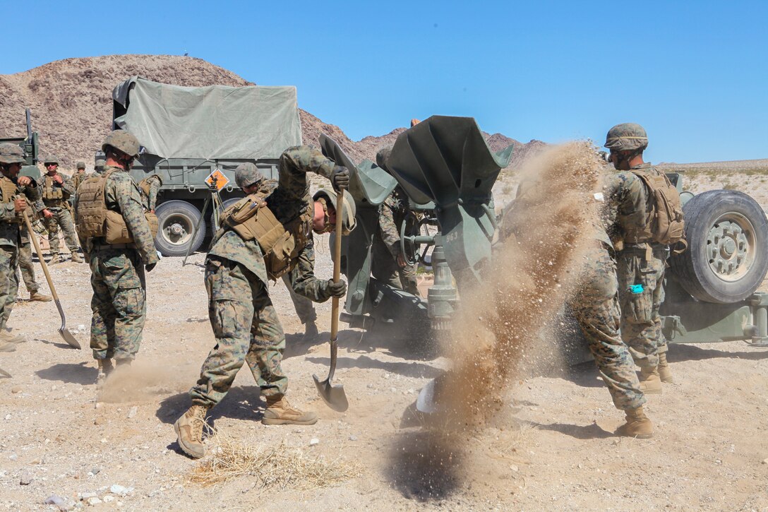 Marines with Mike Battery, 3rd Battalion, 14th Marine Regiment, 4th Marine Division, emplace an M777 Lightweight 155mm howitzer for a direct fire shoot during Integrated Training Exercise 4-18 in Twentynine Palms, California, June 13, 2018. ITX 4-18 is a live-fire and maneuver combined arms exercise designed to train battalion and squadron-sized units in tactics, techniques, and procedures required to provide a sustainable and ready operational reserve for employment across the full spectrum of crisis and global employment.