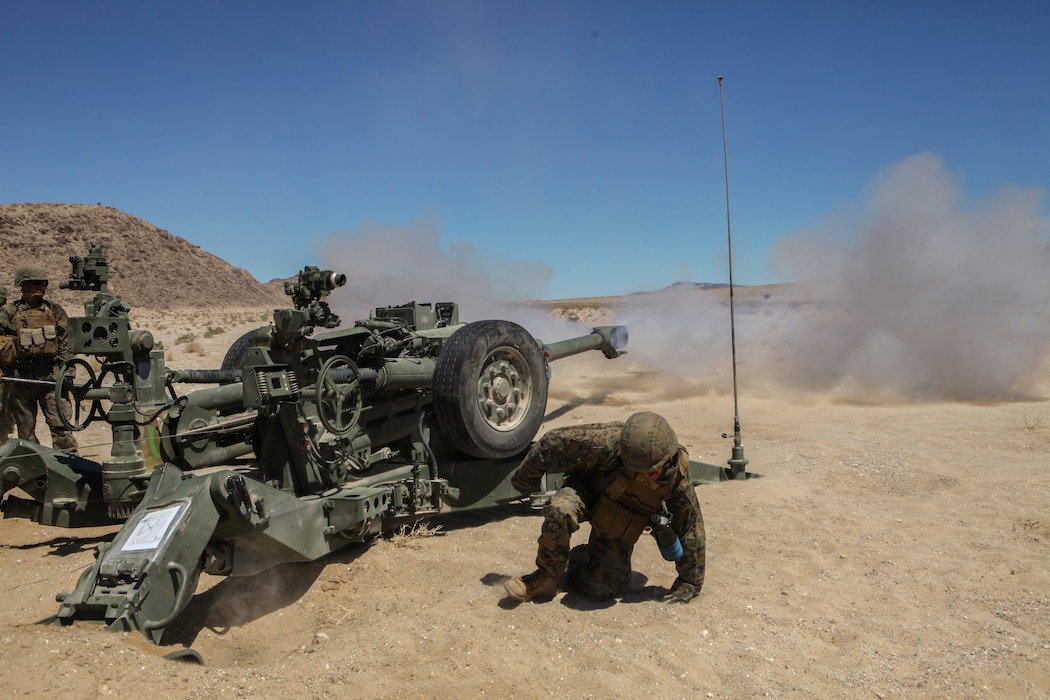 Marines with Mike Battery, 3rd Battalion, 14th Marine Regiment, 4th Marine Division, conduct a direct fire shoot during Integrated Training Exercise 4-18 in Twentynine Palms, California, June 13, 2018. ITX 4-18 is a live-fire and maneuver combined arms exercise designed to train battalion and squadron-sized units in tactics, techniques, and procedures required to provide a sustainable and ready operational reserve for employment across the full spectrum of crisis and global employment.