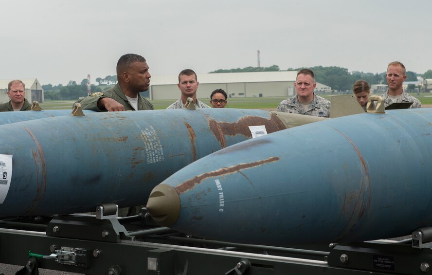 U.S. Air Force Lt. Gen. Richard Clark, 3rd Air Force Commander, speaks to deployed Airmen at RAF Fairford, June 7, 2018. Clark shared an anecdote about how a king lost his kingdom due to a poorly made horseshoe to show Airmen that even the most mundane small jobs have a real and necessary role in air power. (U.S. Air Force photo by Senior Airman Chase Sousa)