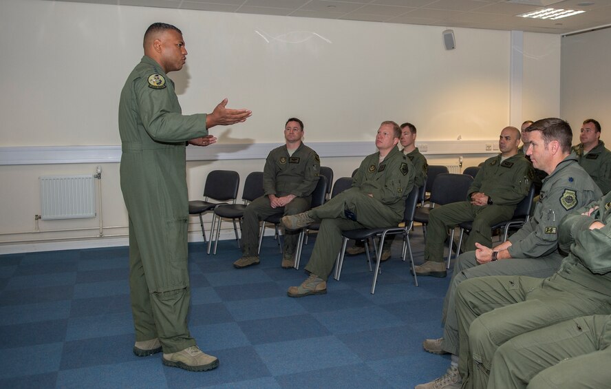 U.S. Air Force Lt. Gen. Richard Clark, 3rd Air Force Commander, speaks to deployed pilots at RAF Fairford, June 7, 2018. Clark toured the installation to see on going operations and to show his gratitude to the deployed Airmen. (U.S. Air Force photo by Senior Airman Chase Sousa)