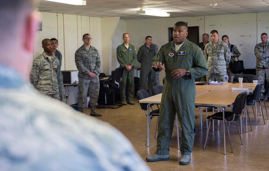 U.S. Air Force Lt. Gen. Richard Clark, 3rd Air Force Commander, speaks to deployed Airmen at RAF Fairford, June 7, 2018. Clark gave a speech about how every Airmen plays a vital role in creating a successful mission from paperwork to bombs on target. (U.S. Air Force photo by Senior Airman Chase Sousa)