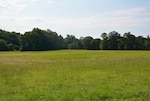 A field where underground fuel was formerly stored. The grass is green and trees appear in the distance.