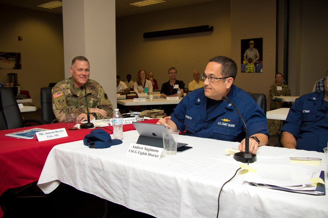 U.S. Coast Guard Capt. Andrew Sugimoto speaks at the annual U.S. Army Corps of Engineers Mississippi Valley Division Interagency Hurricane Table-Top Exercise in Vicksburg, Miss., June 14, 2018.