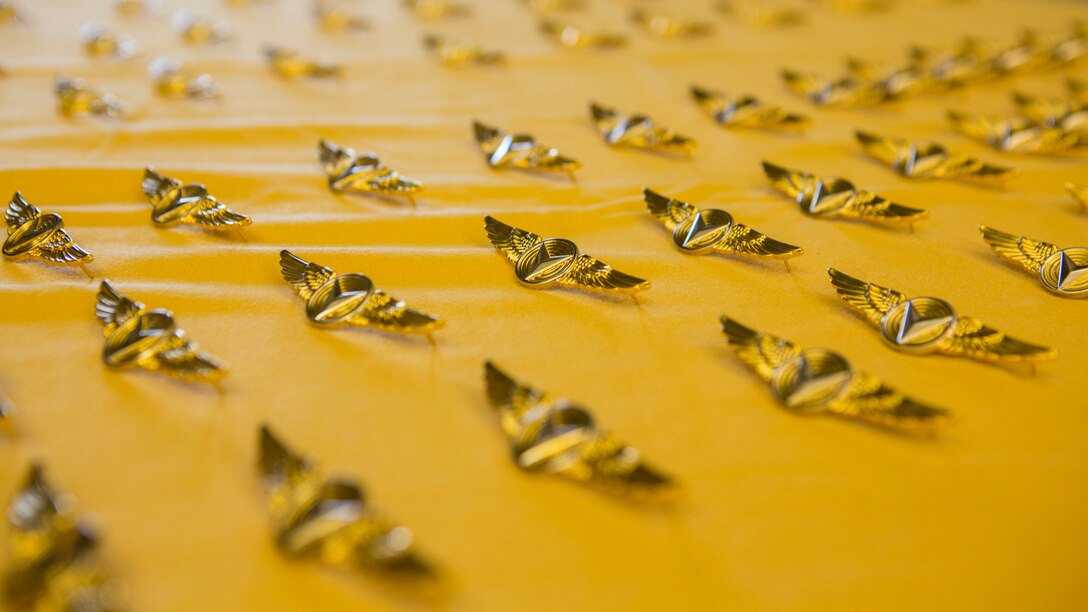 Enlisted Unmanned Aerial System wings sit on a table during the Marine Unmanned Aerial Vehicle Squadron 2 winging ceremony on Marine Corps Air Station Cherry Point, N.C., May 30, 2018. Both officers and enlisted Marines recieved the wings for being operators of Marine Corps UAS platforms. VMU-2 is a part of Marine Aircraft Group 14, 2nd Marine Aircraft Wing.