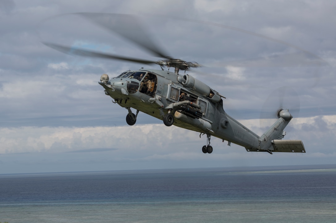 An MH-60S Sea Hawk lands for a simulated casualty extraction during training in Okinawa, Japan, June 6, 2018. During the training, fire support Marines with 5th Air Naval Gunfire Liaison Company called in close air support and indirect fire to support simulated allied forces by suppressing and neutralizing simulated enemy threats. The 31st MEU, the Marine Corps’ only continuously forward deployed MEU, provides a flexible force ready to perform a wide-range of military operations.
