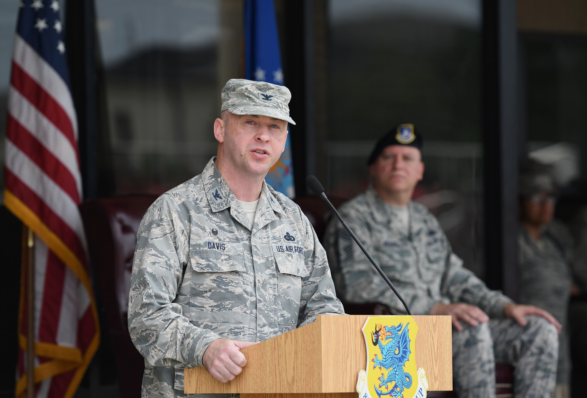 U.S. Air Force Col. Danny Davis, 81st Mission Support Group commander, delivers remarks during the 81st Training Group drill down on the Levitow Training Support Facility drill pad at Keesler Air Force Base, Mississippi, June 15, 2018. Airmen from the 81st TRG competed in a quarterly open ranks inspection, regulation drill routine and freestyle drill routine. (U.S. Air Force photo by Kemberly Groue)