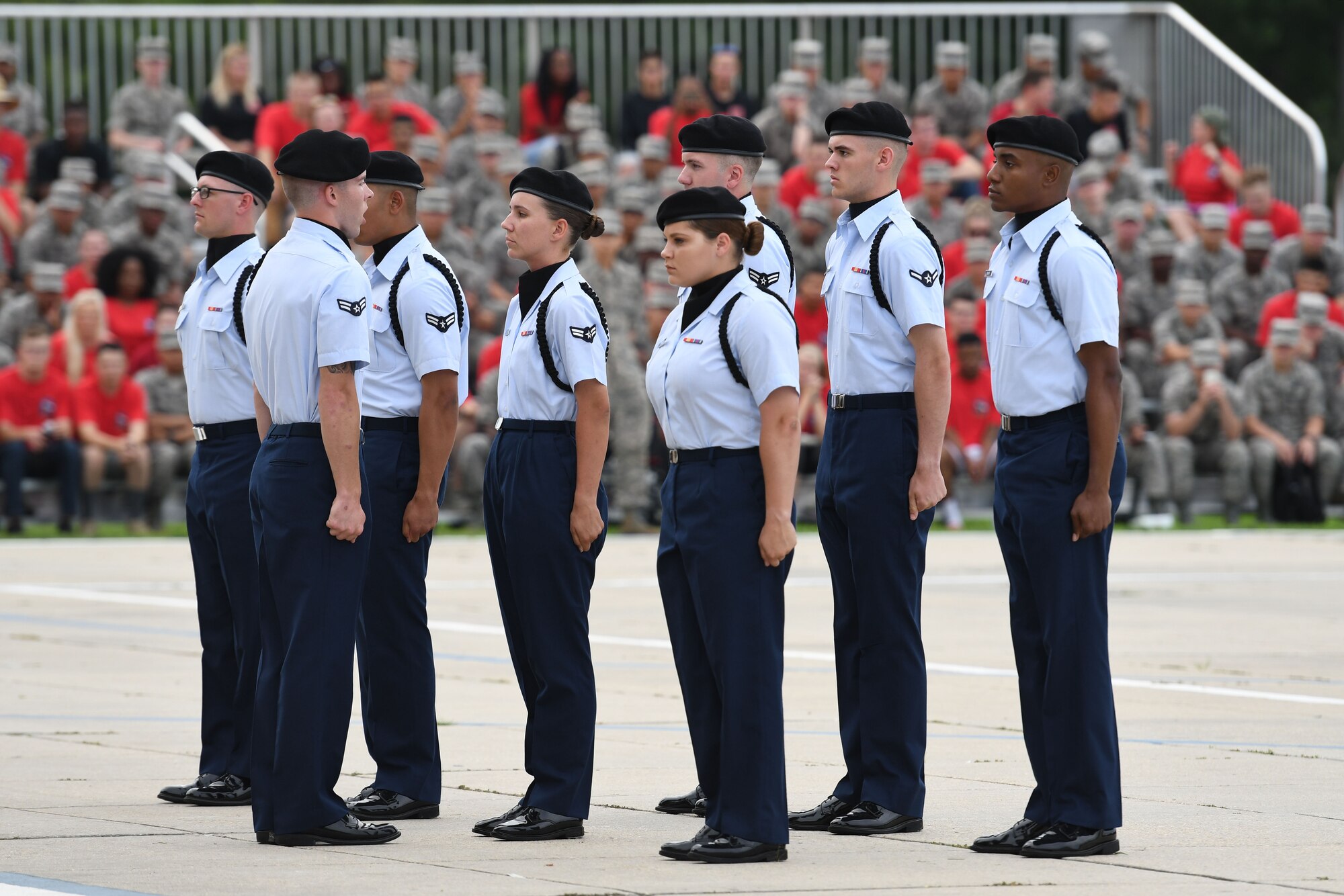 Members of the 334th Training Squadron regulation drill team perform during the 81st Training Group drill down on the Levitow Training Support Facility drill pad at Keesler Air Force Base, Mississippi, June 15, 2018. Airmen from the 81st TRG competed in a quarterly open ranks inspection, regulation drill routine and freestyle drill routine. (U.S. Air Force photo by Kemberly Groue)