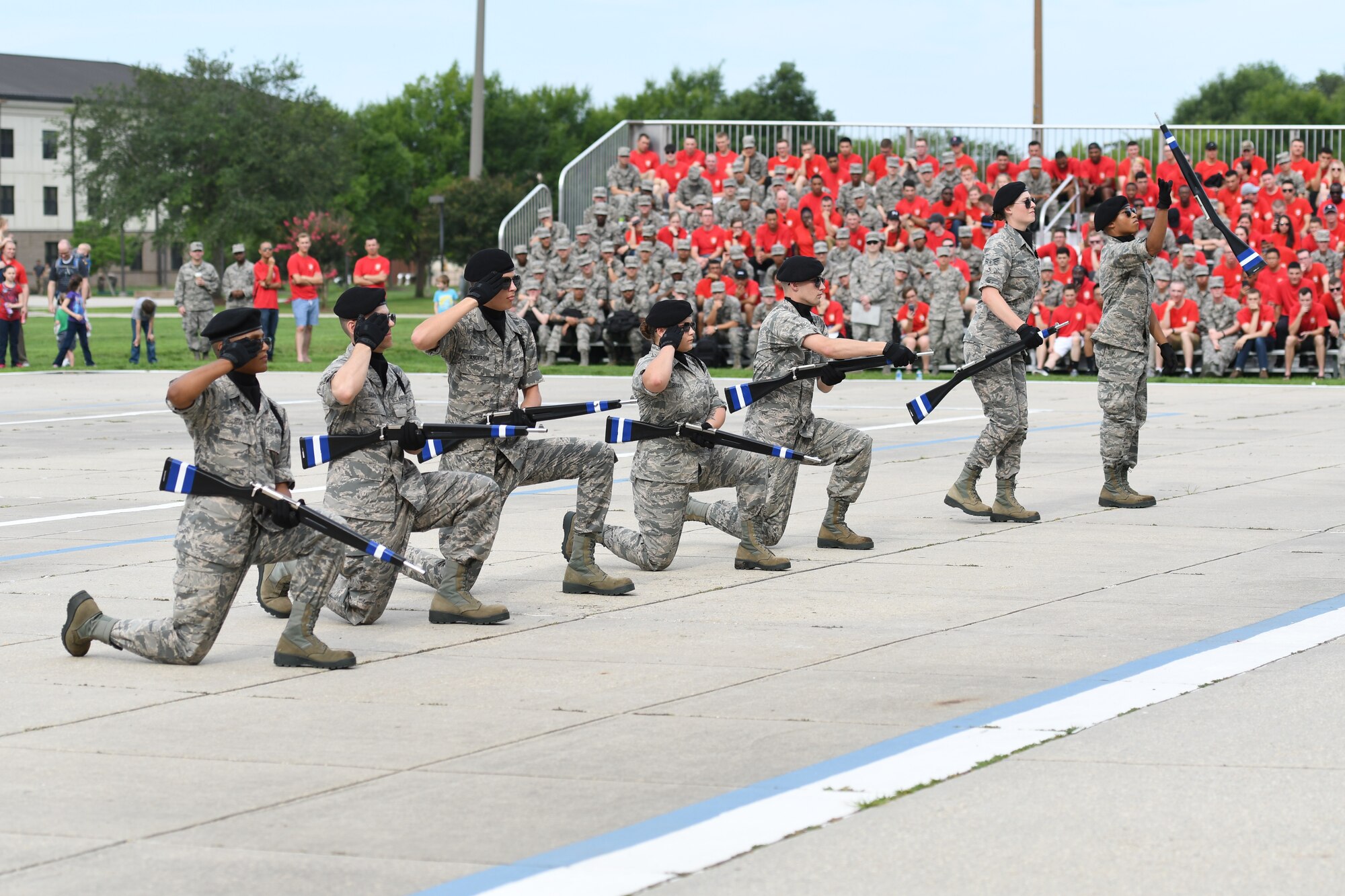 Members of the 334th Training Squadron freestyle drill team perform during the 81st Training Group drill down on the Levitow Training Support Facility drill pad at Keesler Air Force Base, Mississippi, June 15, 2018. Airmen from the 81st TRG competed in a quarterly open ranks inspection, regulation drill routine and freestyle drill routine. (U.S. Air Force photo by Kemberly Groue)