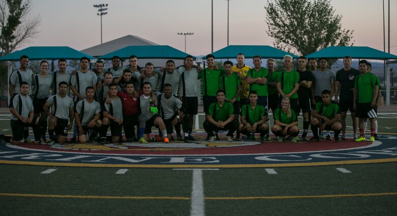 Headquarters Battalion and Marine Corps Communication-Electronics School participated in the installation’s intramural soccer finals at Felix Field aboard the Marine Corps Air Ground Combat Center, Twentynine Palms, Calif., June 7, 2018. The MCCES team won 3-0, defeating the Headquarters’ Battalion team. (U.S. Marine Corps photo by Lance Cpl. Dave Flores)