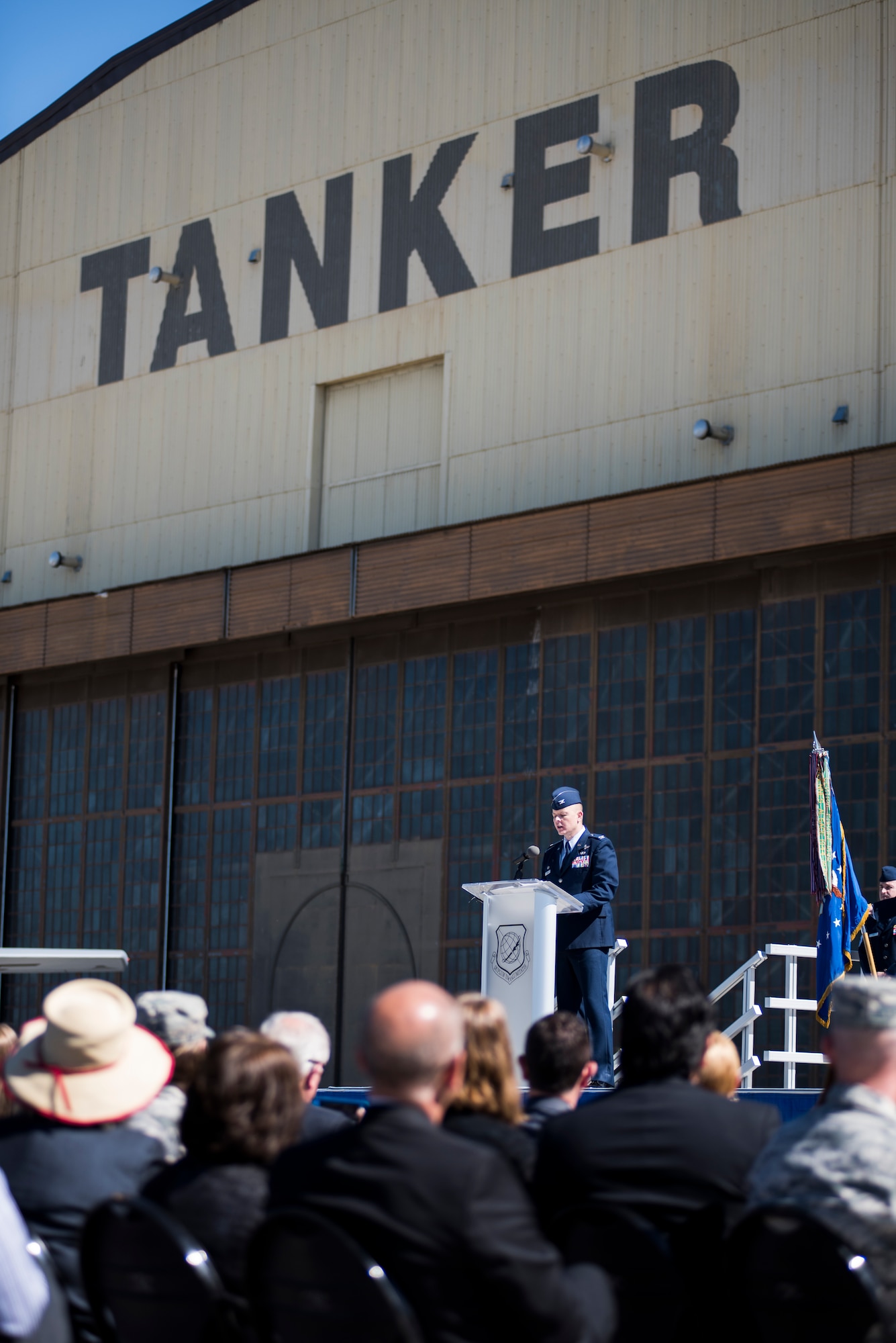 Col. Derek Salmi, 92nd Air Refueling Wing commander, addresses Team Fairchild during an assumption of command ceremony June 15, 2018, at Fairchild Air Force Base, Wash. He first spoke to the exceptional reputation of the community for supporting Airmen and their families. (U.S. Air Force photo/ Senior Airman Sean Campbell)