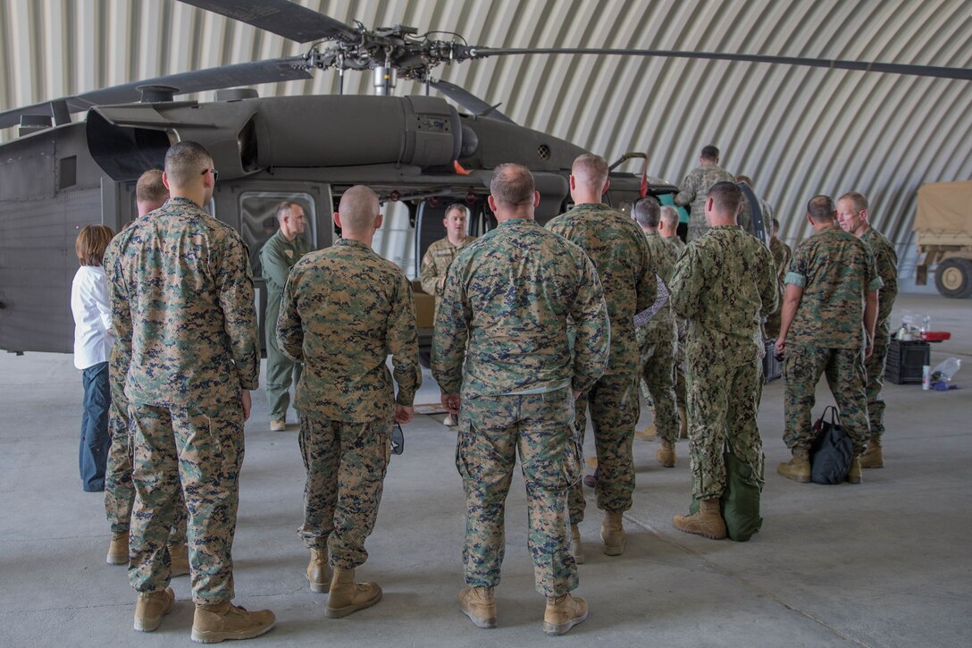 Distinguished visitors view an Army Sikorsky UH-60 Black Hawk helicopter used for medical evacuations during Integrated Training Exercise 4-18 at Marine Corps Air Ground Combat Center Twentynine Palms, Calif., June 13, 2018.