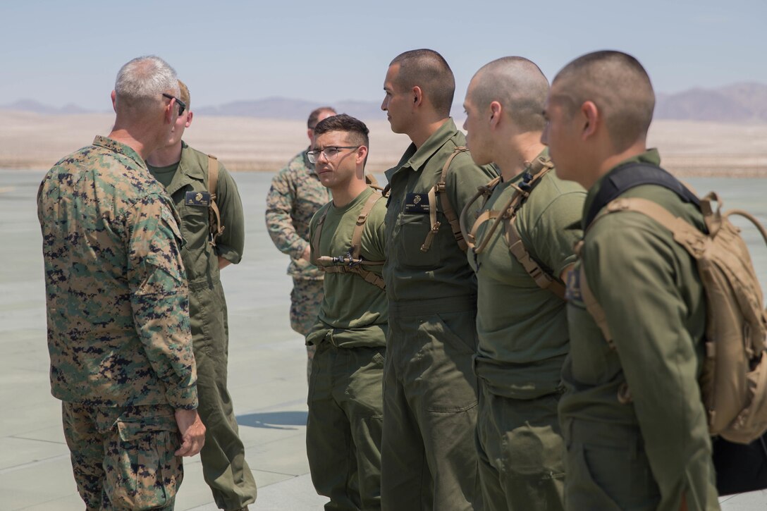Lt. Gen. Rex C. McMillian, commanding officer of Marine Forces Reserve and Marine Forces North, speaks to the Marines of Marine Light Attack Helicopter Squadron 775, 4th Marine Aircraft Wing, during Integrated Training Exercise 4-18 at Marine Corps Air Ground Combat Center Twentynine Palms, California, June 13, 2018.