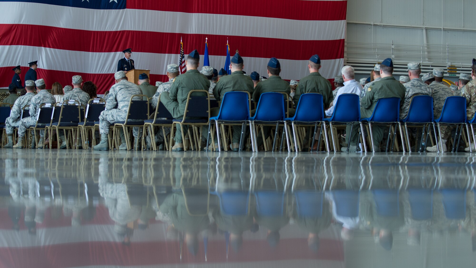 Barksdale Airmen attend the 2nd Bomb Wing change of command ceremony at Barksdale Air Force Base, La. June 18, 2018. Miller, who previously served as director of the Joint-Global Strike Operations Center, Air Force Global Strike Command, assumed command from Col. Ty Neuman. (U.S. Air Force photo by Airman 1st Class Lillian Combes)