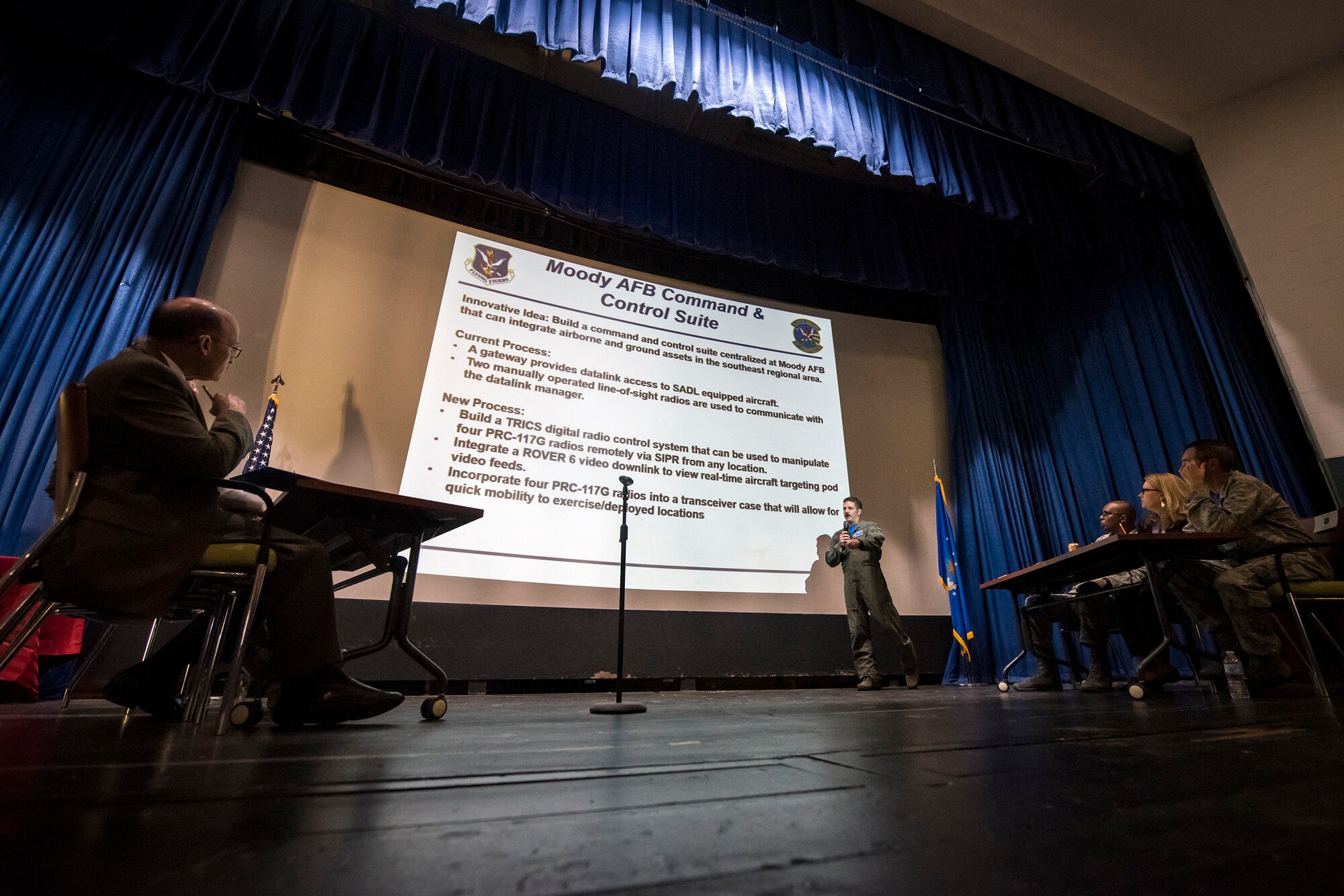 Leadership from the 23d Wing (WG) and local community listen to a presentation from Capt. Daniel Hann, center, 74th Fighter Squadron A-10C Thunderbolt II flight commander, during Spark Tank, June 15, 2018, at Moody Air Force Base, Ga. Spark Tank, a spinoff of the show Shark Tank, gave Airmen the opportunity to propose projects and improvements for Moody to leaders from the 23d WG and the local community. (U.S. Air Force photo by Airman 1st Class Eugene Oliver)