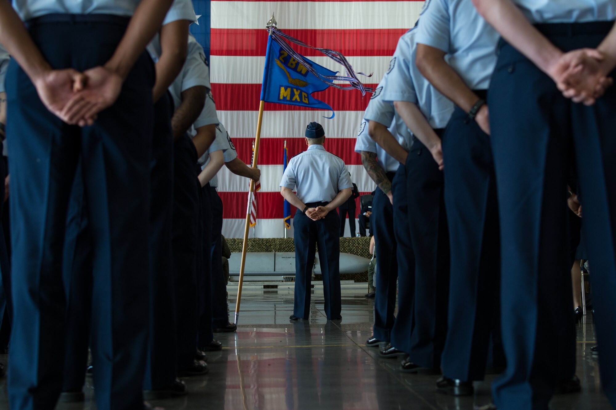 Barksdale Airmen attend the 2nd Bomb Wing change of command ceremony at Barksdale Air Force Base, La. June 18, 2018. Miller, who previously served as director of the Joint-Global Strike Operations Center, Air Force Global Strike Command, assumed command from Col. Ty Neuman. (U.S. Air Force photo by Airman 1st Class Lillian Combes)