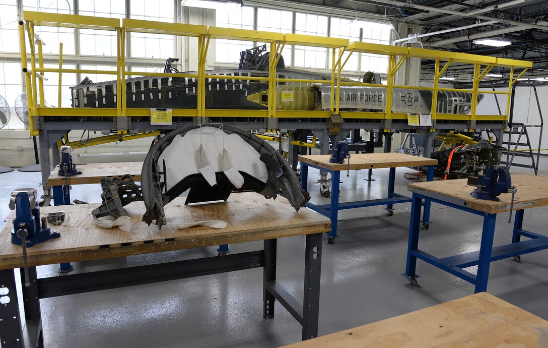 The 575th Aircraft Maintenance Squadron at Joint Base San Antonio-Randolph, Texas, has established a well-used training area for squadron new-hires and Pacer Classic III proof-of-concept ideas used on the main production line. The training area houses a disused fuselage along with other major aircraft parts and tabletop work space for up to eight students at a time. (U.S. Air Force photo by Alex R. Lloyd)