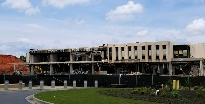 The former, 1960’s era 20th Medical Group facility is removed during the second phase of a military construction project at Shaw Air Force Base, S.C., May 30, 2018.