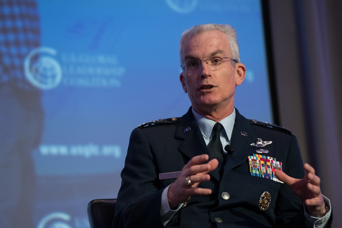 Air Force Gen. Paul J. Selva, vice chairman of the Joint Chiefs of Staff, gestures while speaking and talking.