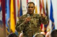 Lt. Gen. Michael X. Garrett, U.S. Army Central (USARCENT) commander speaks to Soldiers during a town hall meeting at Camp Arifjan, Kuwait, June 14, 2018. Lt. Gen. Garrett conducted the town hall to discuss USARCENT's vision and enduring priorities of readiness, communication, protecting the force, and  transitions between incoming and outgoing units.